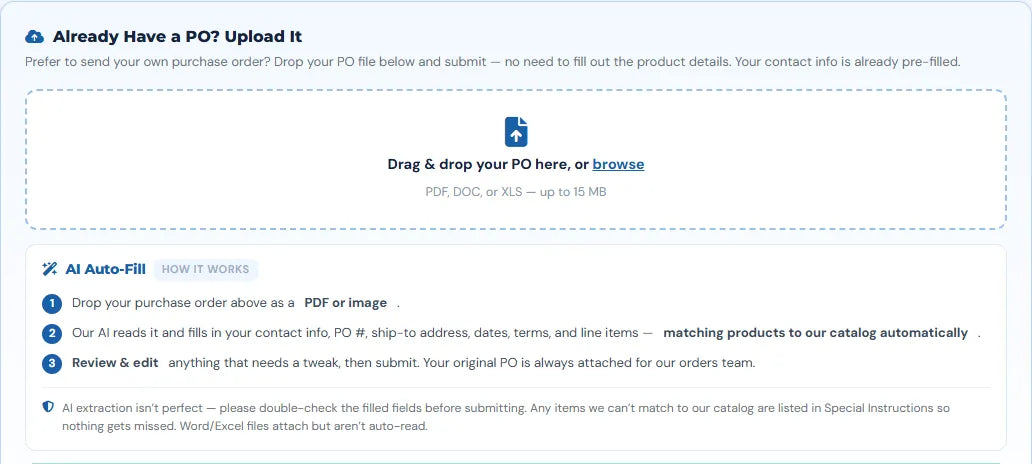Build a PO: drop in your own purchase order and AI fills in the form